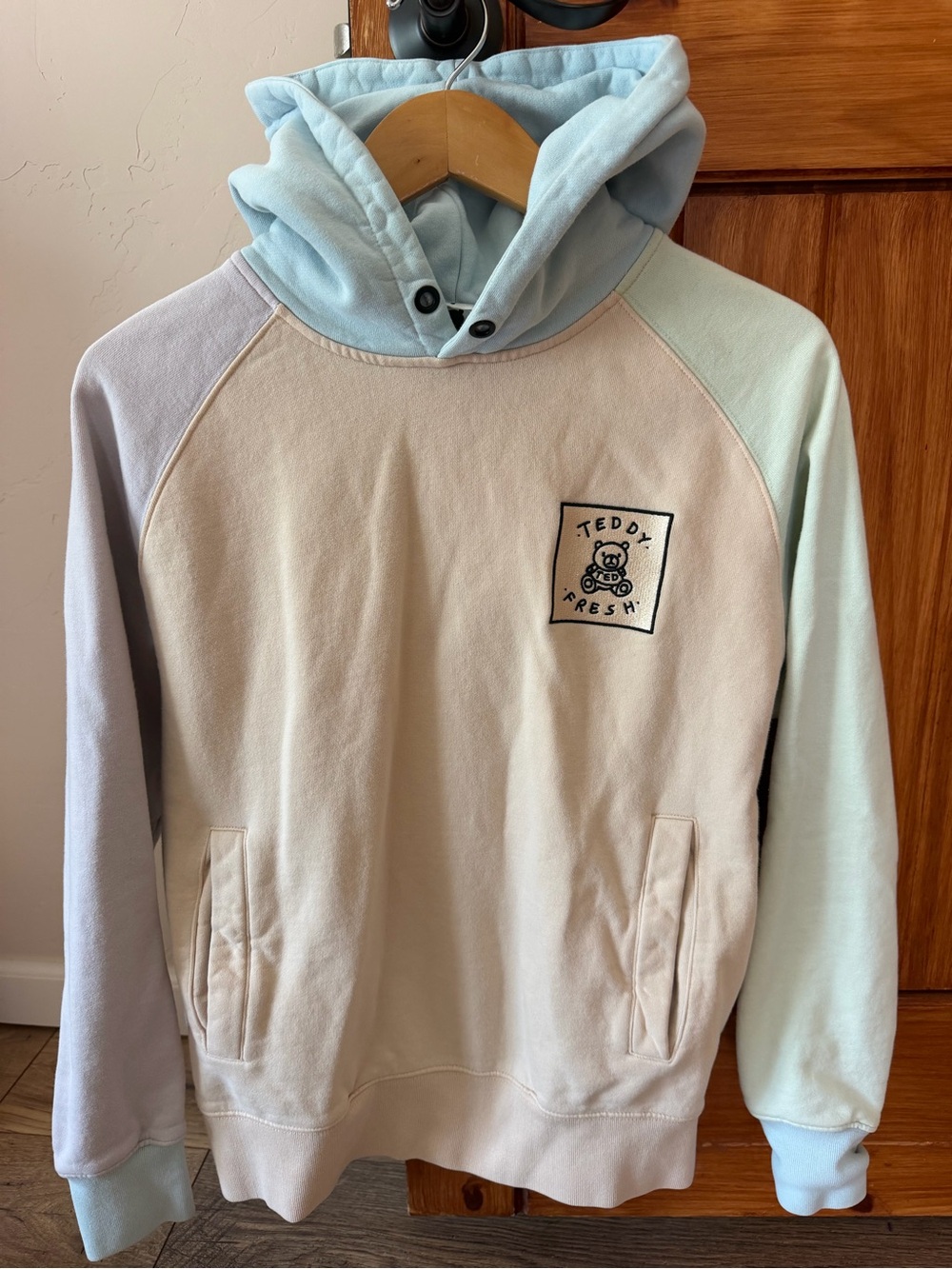 Teddy Fresh Colorblock Hoodie Pastel Blue green lav Embroidered Bear Patch Small